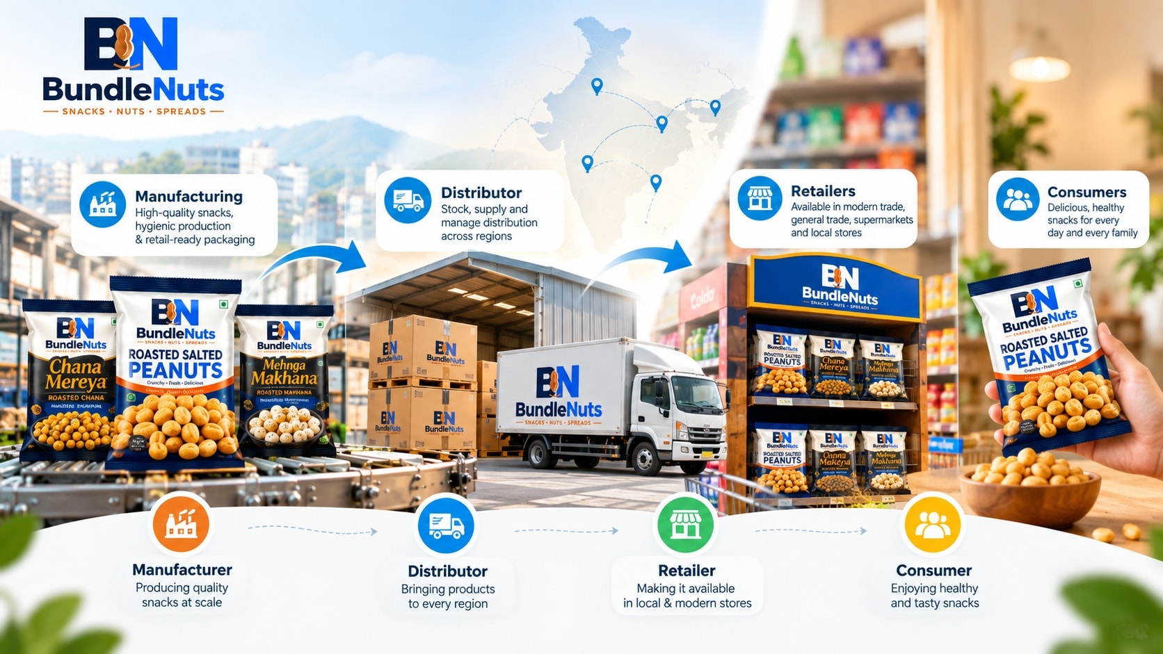 BundleNuts FMCG distribution journey infographic: manufacturing, distributor warehouse and truck, retail shelf display, and consumer enjoying Roasted Salted Peanuts.