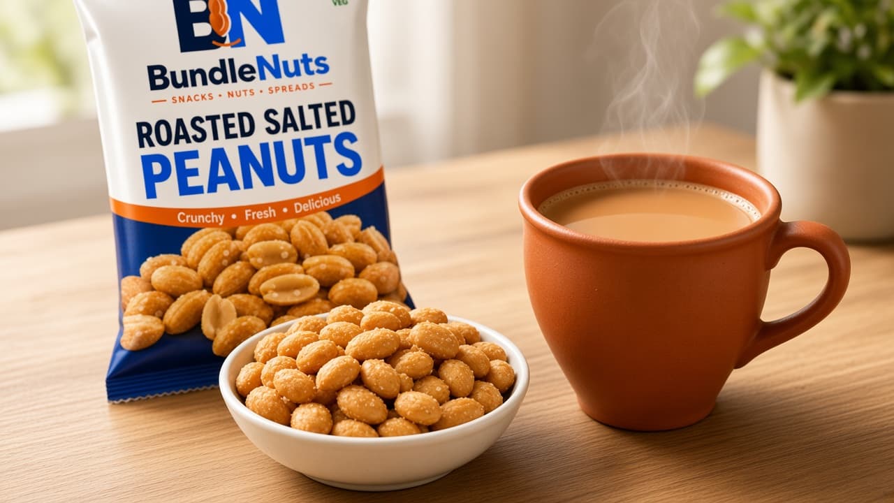 Crunchy golden roasted peanuts in a serving bowl beside evening chai, highlighting clean office snacking.