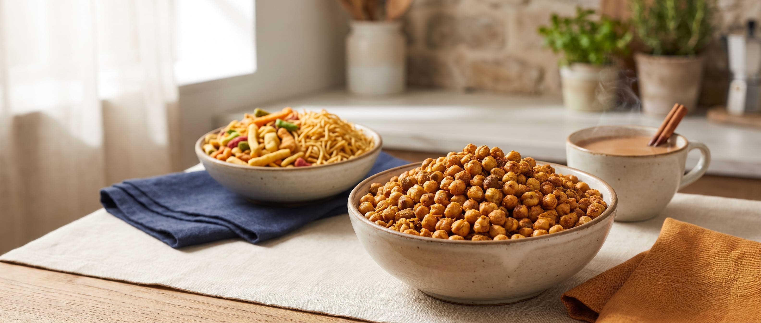 Golden dry-roasted chana in a premium cream bowl beside steaming masala chai, with a softly blurred bowl of fried namkeen in the background.